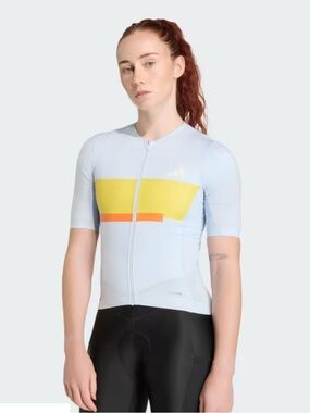 adidas Tempo Women's Cycling Jersey in Light Blue with Yellow & Orange Accents